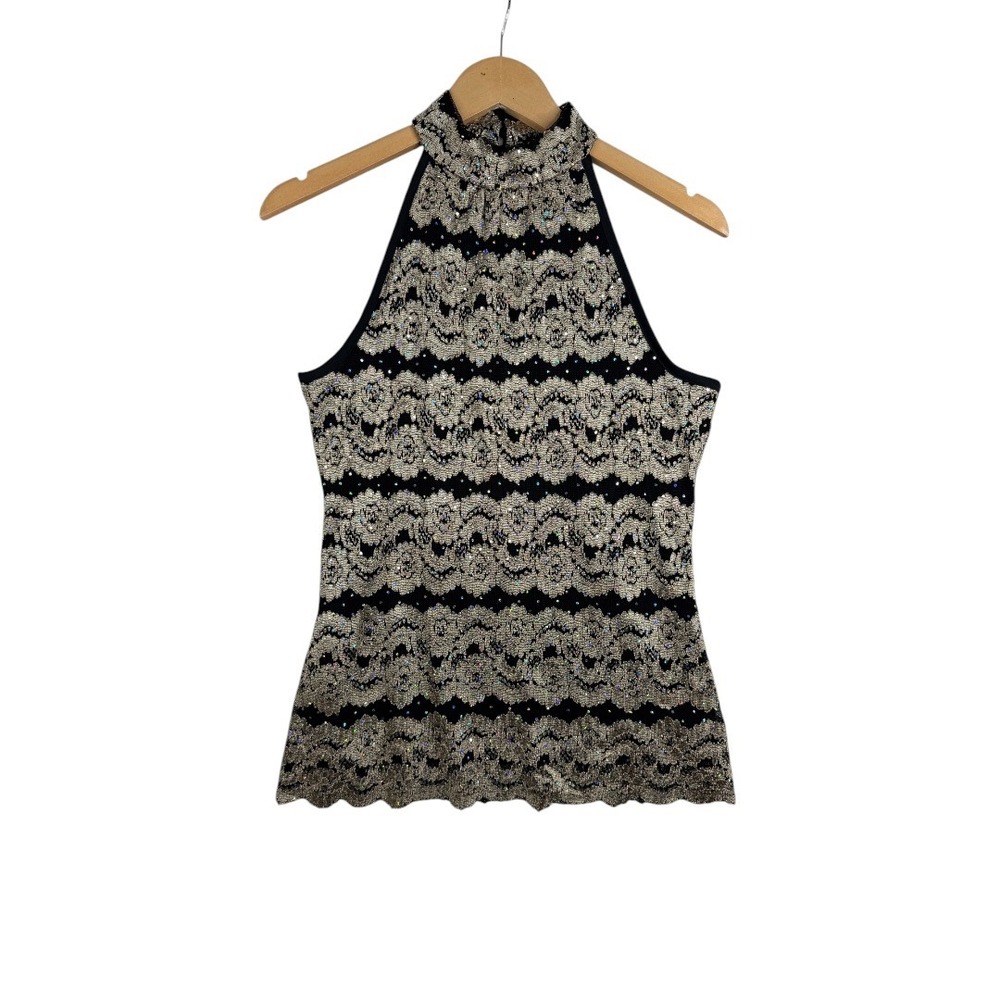 New Dressbarn Embroidered Detail Festival Ready Halter Top size Medium Black/Gol